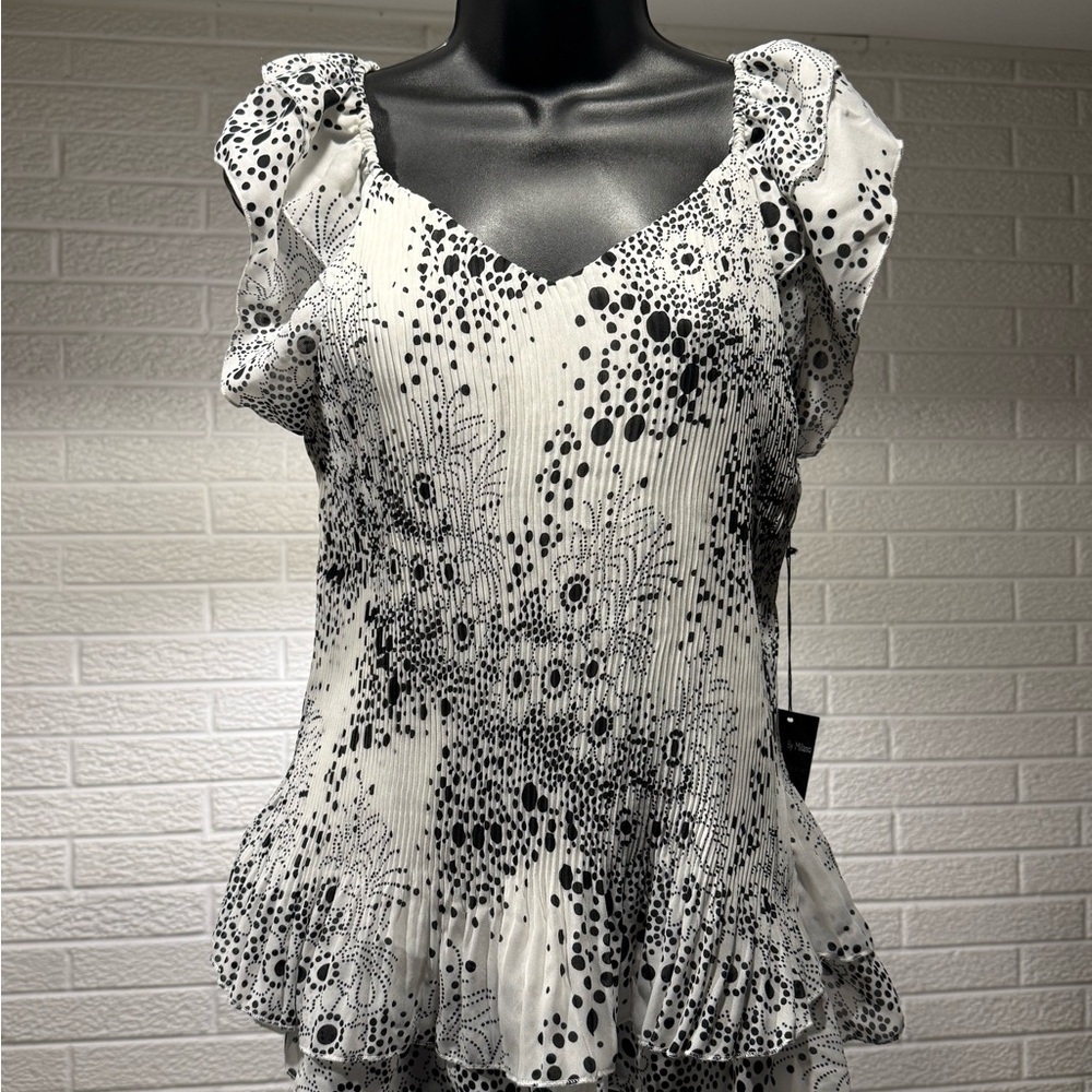 Essentials by Milano Black and White Ruffle Blouse